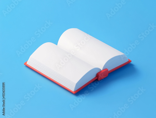 A vibrant, minimalistic image featuring an open book with a red spine and blank white pages, set against a light blue background.