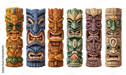 Row of stylized Polynesian tiki statues in various colors