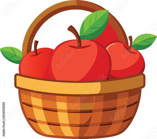 Vector illustration of a fresh, red apple with a green leaf in a basket, symbolizing healthy and delicious fruit