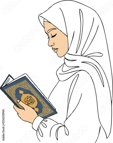 Muslim woman in hijab reading the Quran, detailed illustration with golden accents