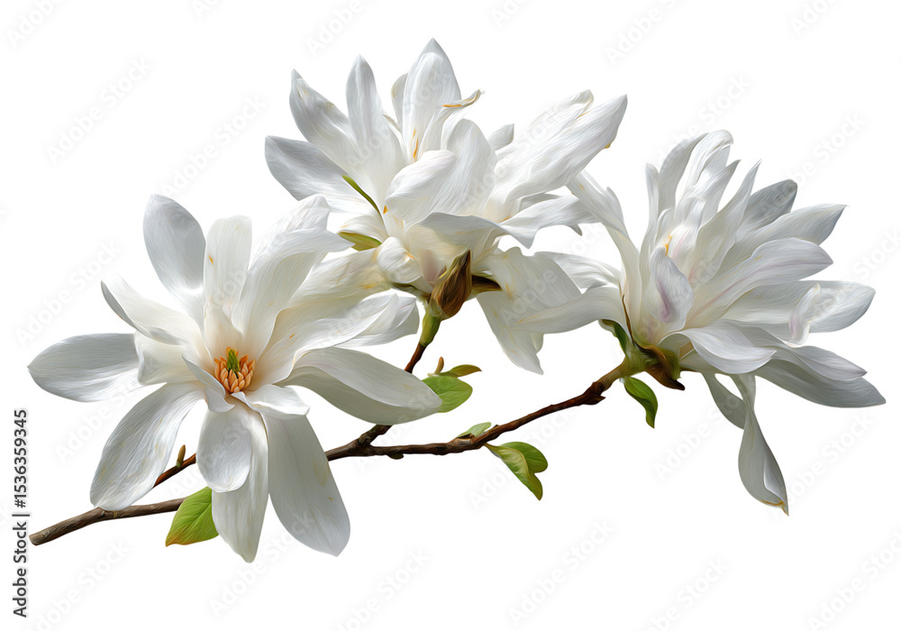 Fototapeta premium Three white magnolia blossoms on a branch against black,On Transparent Background, Isolated on white
