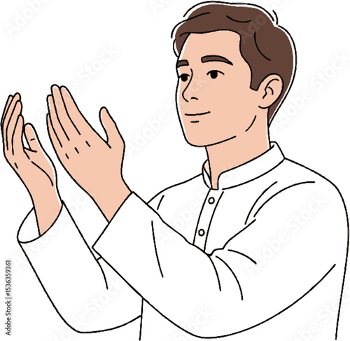 Serene Man in White Garment Raising Hands in Prayer