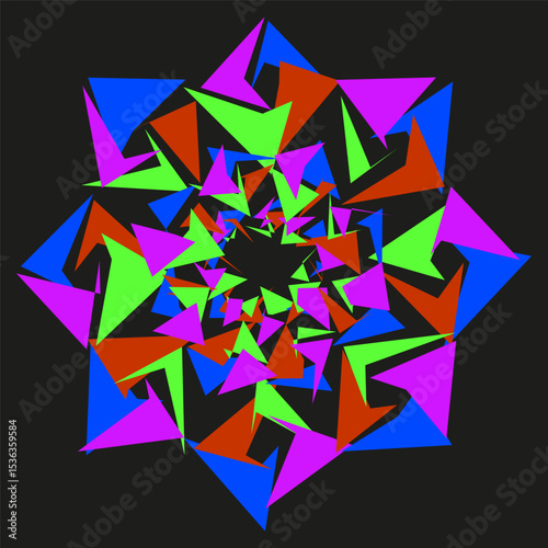 Geometric star mandala. Kaleidoscope vector pattern. Vibrant multicolor petals. Black background contrast.