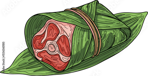Vibrant Illustration of a Wrapped Meat Dish in Bamboo Leaves