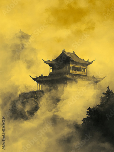 A mystical, golden-hued Chinese pagoda emerges from swirling mist and clouds, showcasing intricate architectural details and an ethereal atmosphere.