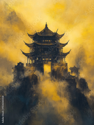 A mystical, golden-hued Chinese pagoda emerges from swirling mist and clouds, showcasing intricate architectural details and an ethereal atmosphere.
