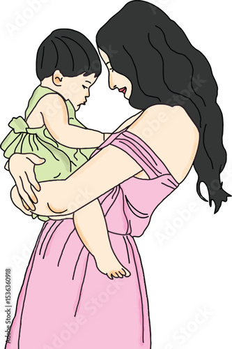 Affectionate Embrace: A mother cradles her child in a tender moment, showcasing a beautiful display of maternal love and tenderness.