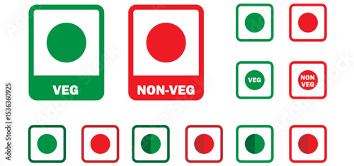 Veg and non-veg food icon dots. Vegetarian and non-vegetarian symbols. Green dot and red dot in squares. Vegan and non-vegan food labels. Vector illustration.