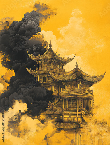 A mystical, golden-hued Chinese pagoda emerges from swirling mist and clouds, showcasing intricate architectural details and an ethereal atmosphere.