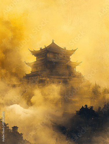 A mystical, golden-hued Chinese pagoda emerges from swirling mist and clouds, showcasing intricate architectural details and an ethereal atmosphere.