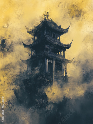 A mystical, golden-hued Chinese pagoda emerges from swirling mist and clouds, showcasing intricate architectural details and an ethereal atmosphere.