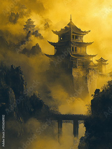 A mystical, golden-hued Chinese pagoda emerges from swirling mist and clouds, showcasing intricate architectural details and an ethereal atmosphere.