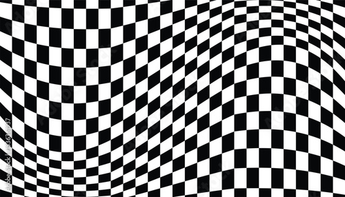 Black and white check box wave background. checker abstract background. geometric pattern with visual distortion effect. sport race finish success