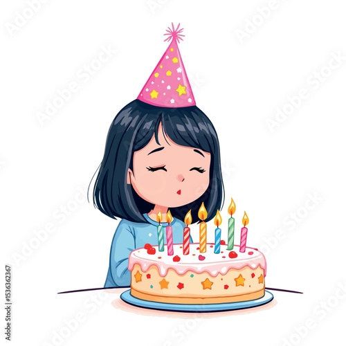 Vsai cute girl blowing out candles on birthday cake