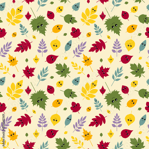 Seamless vector pattern of autumn leaves from different trees with cute cartoon eyes and funny faces. Includes oak, maple, birch, chestnut and ash leaves. Flat kawaii style, bright colors, isolated on