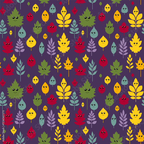 Seamless vector pattern of autumn leaves from different trees with cute cartoon eyes and funny faces. Includes oak, maple, birch, chestnut and ash leaves. Flat kawaii style, bright colors, isolated on