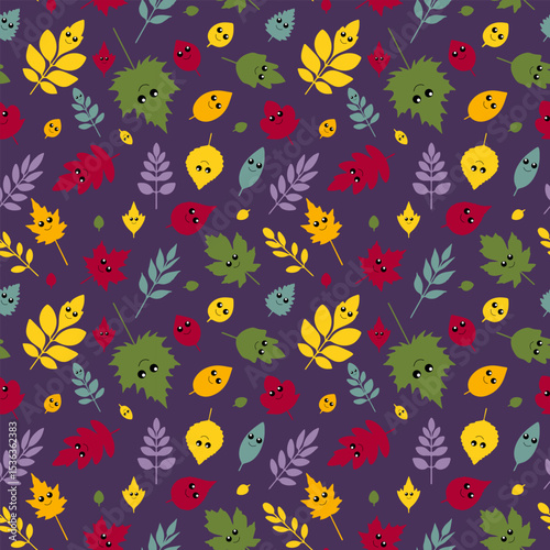Seamless vector pattern of autumn leaves from different trees with cute cartoon eyes and funny faces. Includes oak, maple, birch, chestnut and ash leaves. Flat kawaii style, bright colors, isolated on