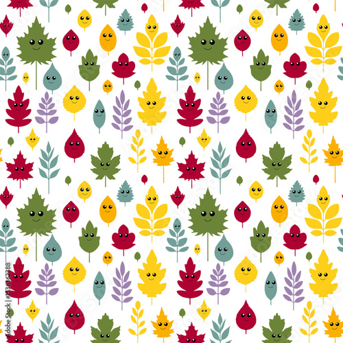 Seamless vector pattern of autumn leaves from different trees with cute cartoon eyes and funny faces. Includes oak, maple, birch, chestnut and ash leaves. Flat kawaii style, bright colors, isolated on