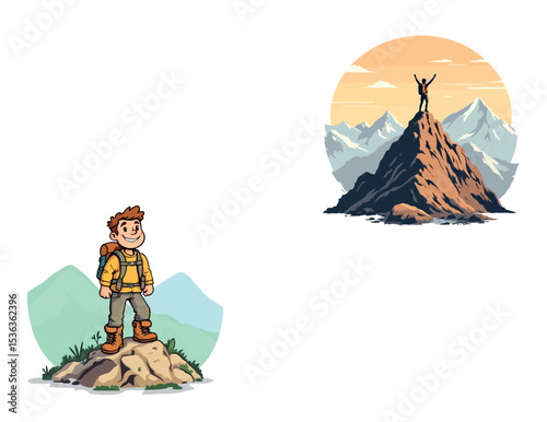 Vsai backpackers hiking and reaching mountain top celebrating success