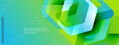 Abstract geometric design. Vibrant green, blue gradients create modern backdrop. Overlapping shapes suggest depth, movement. Clean aesthetic.