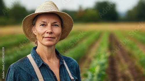 A middle-aged European female farmer stands confidently in a lush green field, showcasing her dedication to sustainable agriculture and farming practices.