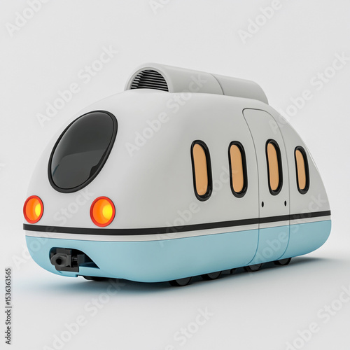 A simple, light blue and white toy train car with black windows and wheels, set against a plain background.