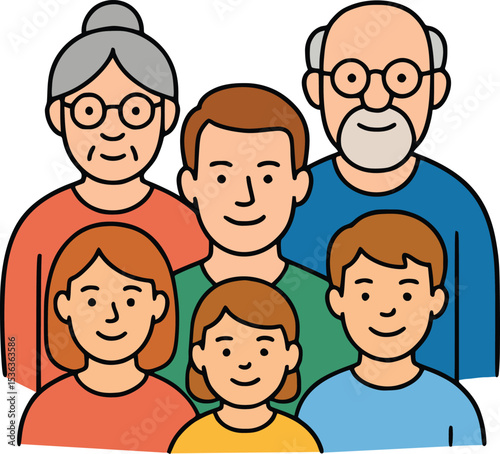 Vector family portrait: An inclusive, multigenerational vector art portrait of a happy family, embodying love, unity, and togetherness in a minimalist style.
