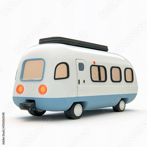 A simple, light blue and white toy train car with black windows and wheels, set against a plain background.