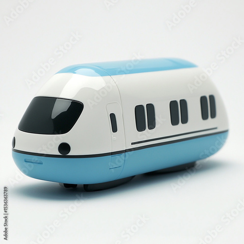 A simple, light blue and white toy train car with black windows and wheels, set against a plain background.
