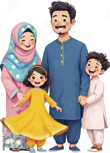 Joyful Family Illustration: Depicts a warm and loving family, beaming with happiness and togetherness in a vibrant, animated illustration.