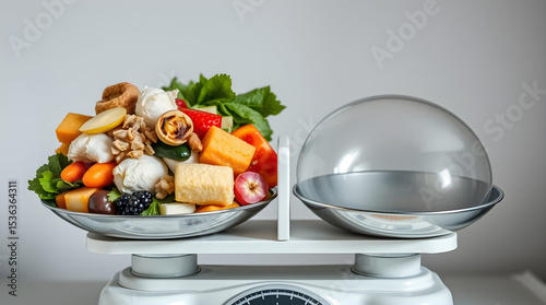 Kitchen scale weighing healthy food versus empty calories: diet and nutrition concept