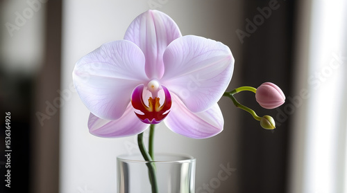 Delicate pink orchid blooming in a glass vase