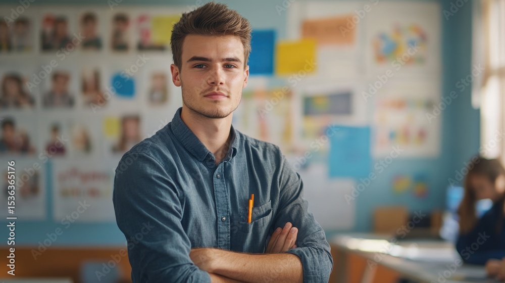 Fototapeta premium A young male teacher stands confidently in a vibrant classroom, surrounded by colorful displays. His engaged demeanor fosters a positive learning environment for students.