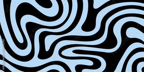 Abstract wavy background with fluid, flowing lines in light blue and black. Modern psychedelic pattern suitable for backgrounds, wallpapers, posters, and textile design.