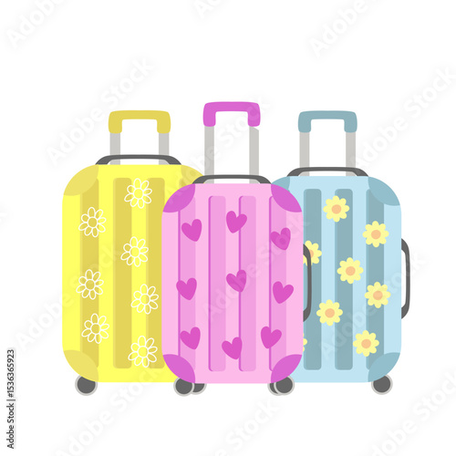 Fun and bright suitcases in a row, decorated with playful patterns — use for travel blogs, posters, or packing illustrations.