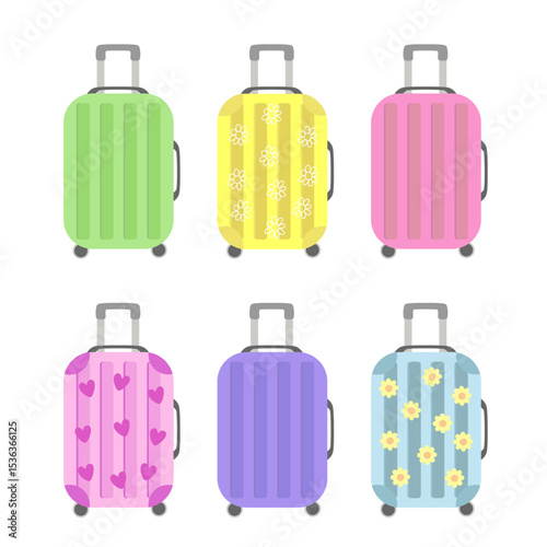 Vector row of colorful suitcases with hearts, flowers, and stripes patterns — perfect for playful travel, vacation, and holiday designs.