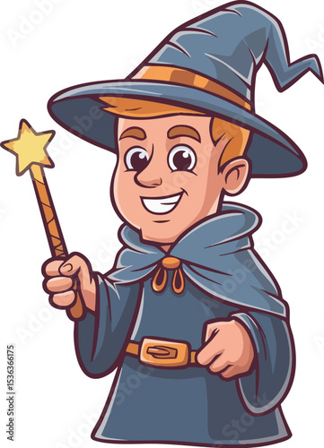 Smiling Young Wizard with Magic Wand Vector Illustration