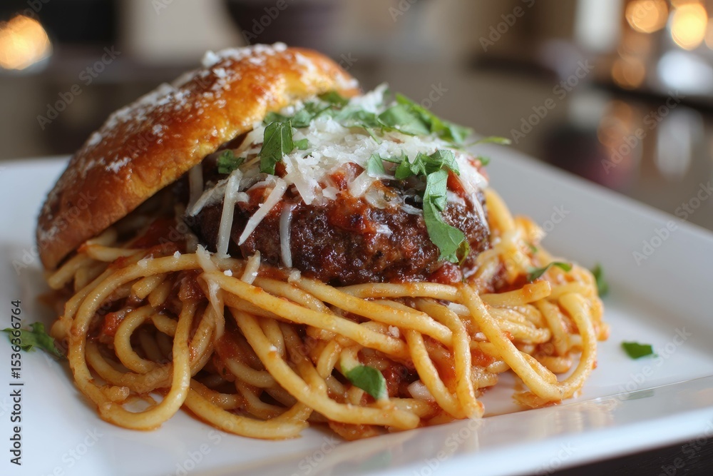 Fototapeta premium Spaghetti burger with marinara and parmesan