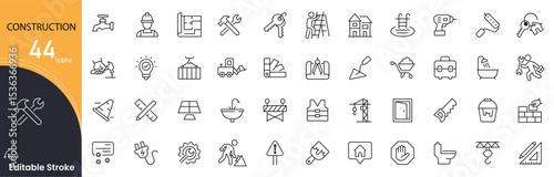 Construction related icon collections. Containing builder, cement, contractor, tool, safety, repair, architecture, equipment, truck, plan icons. Editable Stroke.  photo