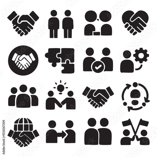 Collection of Simple Black and White Teamwork Icons.