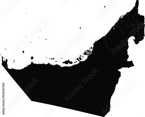 detailed black silhouette map of united arab emirates with internal emirate borders on white background