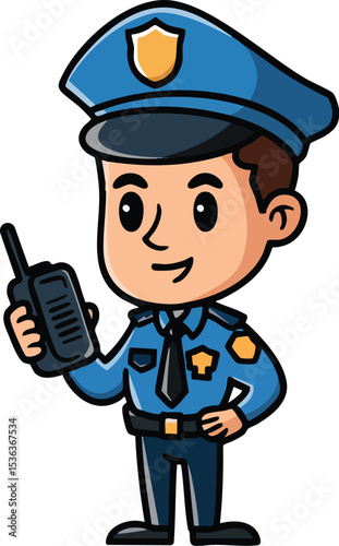Cartoon Policeman with Walkie Talkie - Stock Vector Illustration