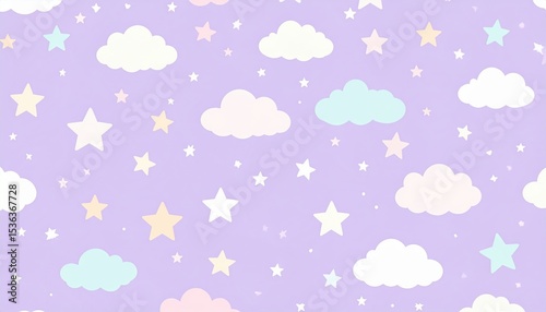 Dreamy pastel clouds shaped like stars, animals, and hearts float on a soothing lavender background, creating a whimsical atmosphere.