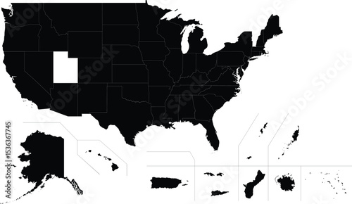 black silhouette map of usa including territories and associated states with borders on white background