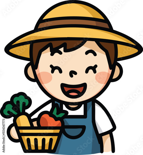 Happy Farmer with Fresh Produce Cartoon Illustration.