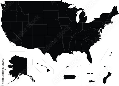 black silhouette map of united states overseas territories with borders on white background