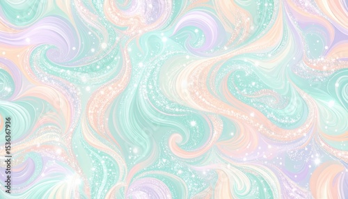 A stunning layered brushstroke pattern featuring soft mint, peach, and lilac, enhanced with swirls and sparkles for an abstract elegance.