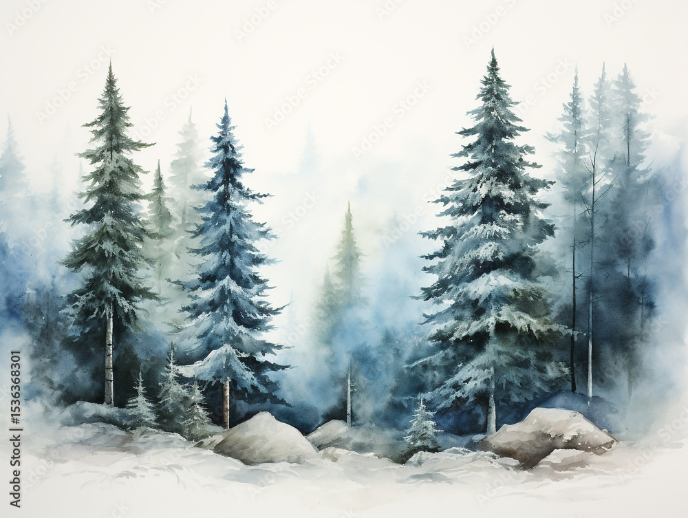 Obraz premium A watercolor painting depicting a serene fir tree forest with snow-dusted ground and misty, cloudy skies, evoking a peaceful winter landscape.