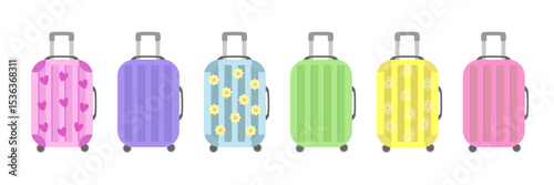 Cheerful colorful luggage set with cute patterns — ideal for travel-themed illustrations, kids’ designs, and summer holiday graphics.