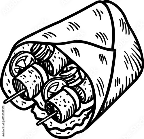 Grilled kebab skewers wrapped in flatbread with vegetables traditional fast food illustration, black and white line art